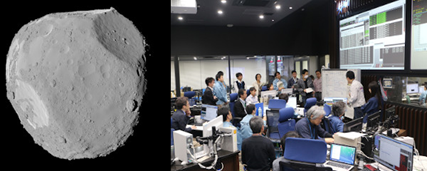 左図：模擬小惑星「リュウゴイド」 右図：実時間総合運用訓練（RIO; Real-time Integrated Operation）の風景